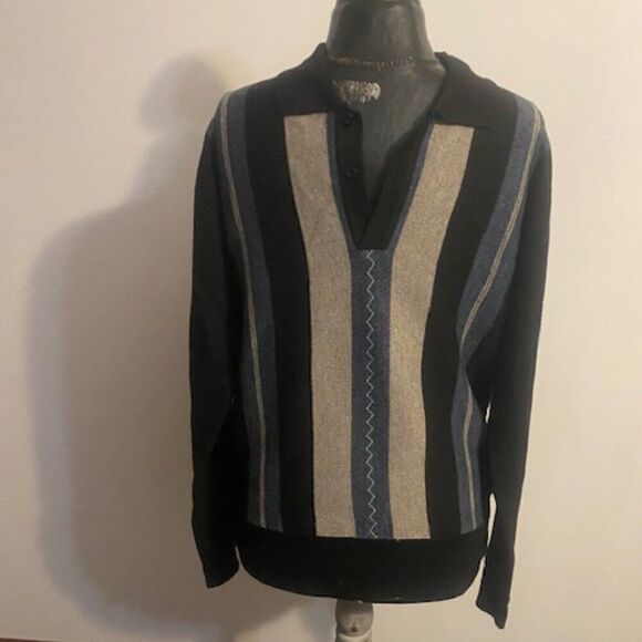 Chereskin Black/Blue/Gray stripe 1/4 button sweater, size XL - Picture 1 of 4